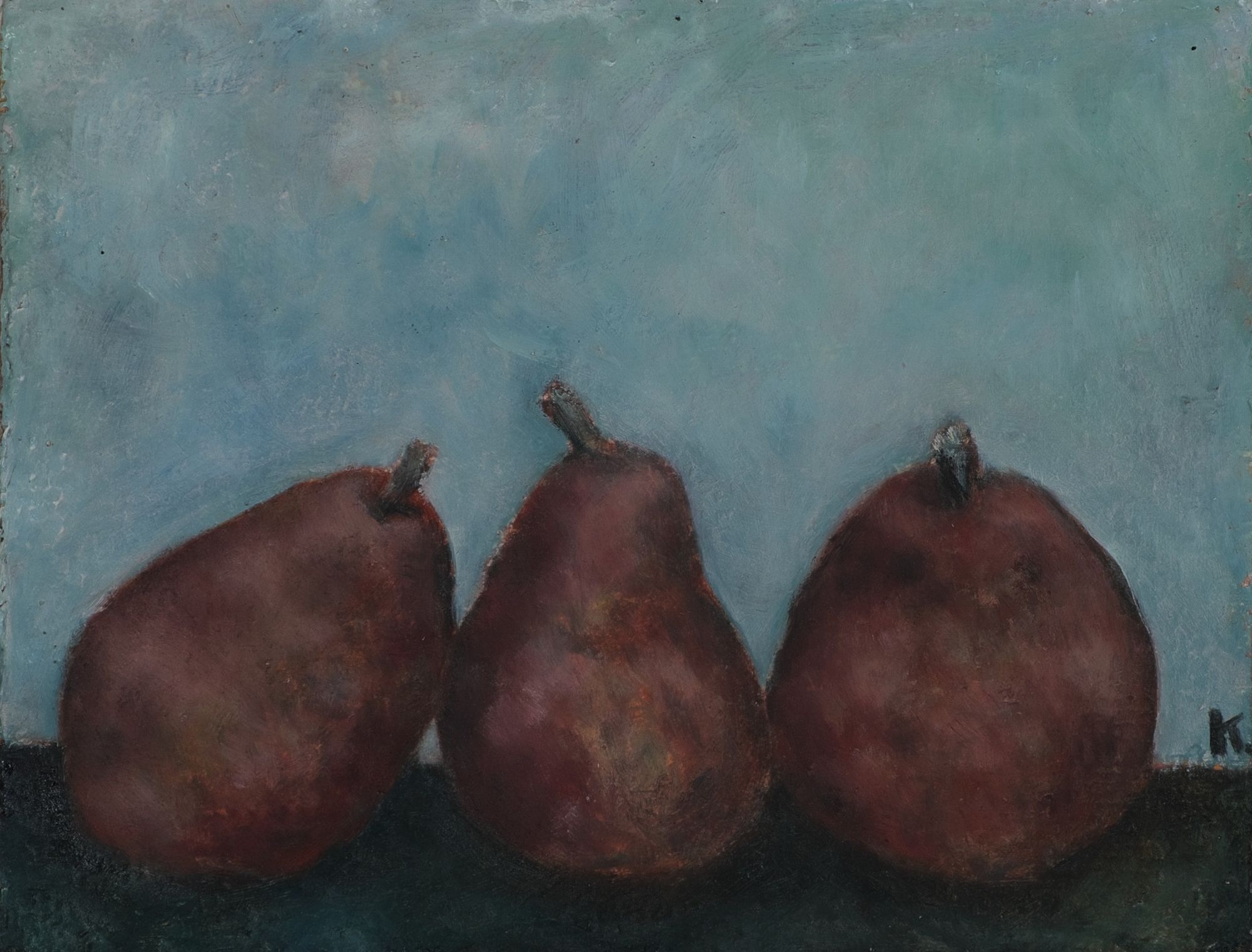 Oil painting of three deep burgundy red pears standing side by side on a dark surface against a muted blue-gray background.
