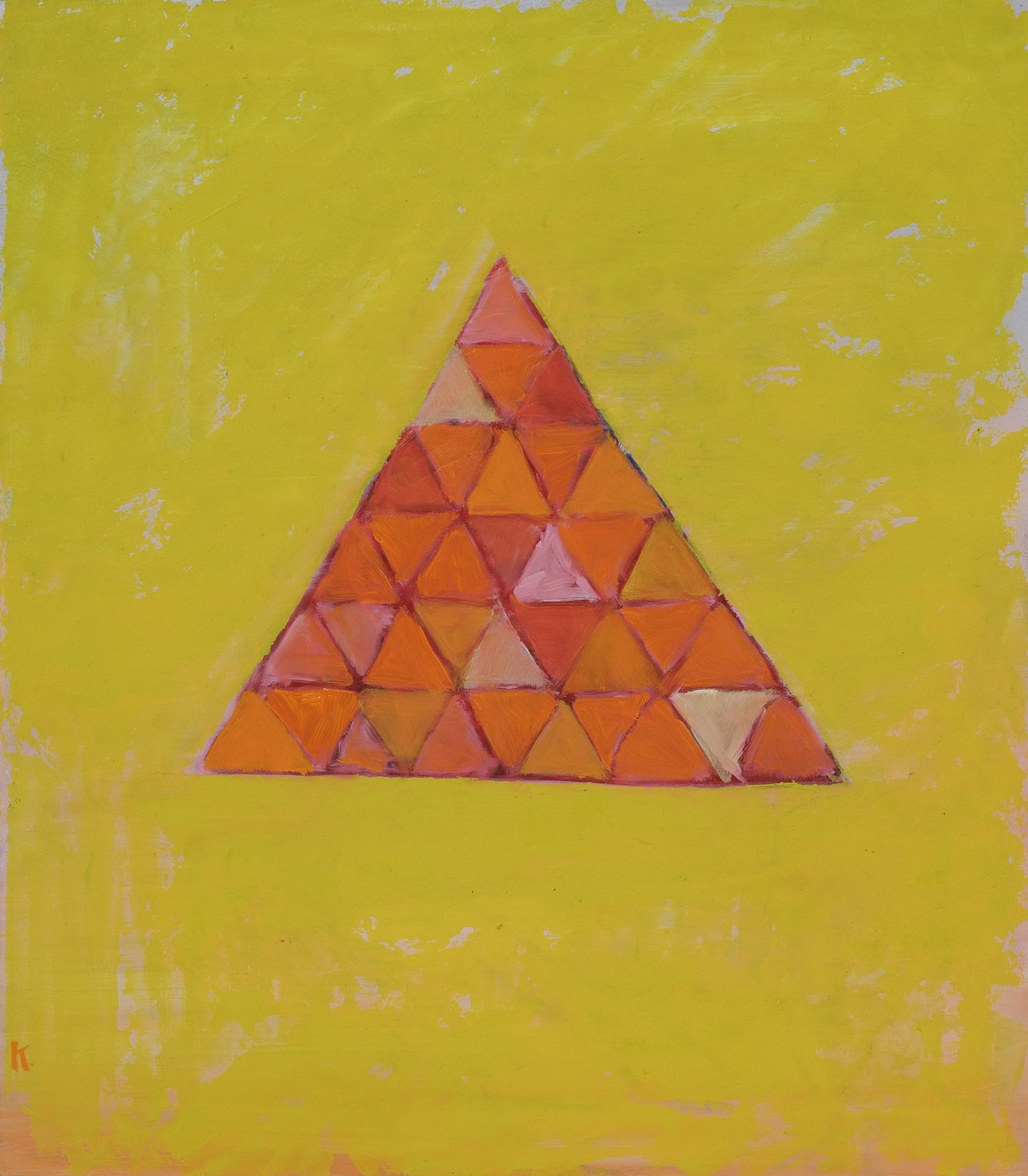 Oil painting of an orange and pink geometric triangle composed of smaller triangles centered on a bright yellow background.