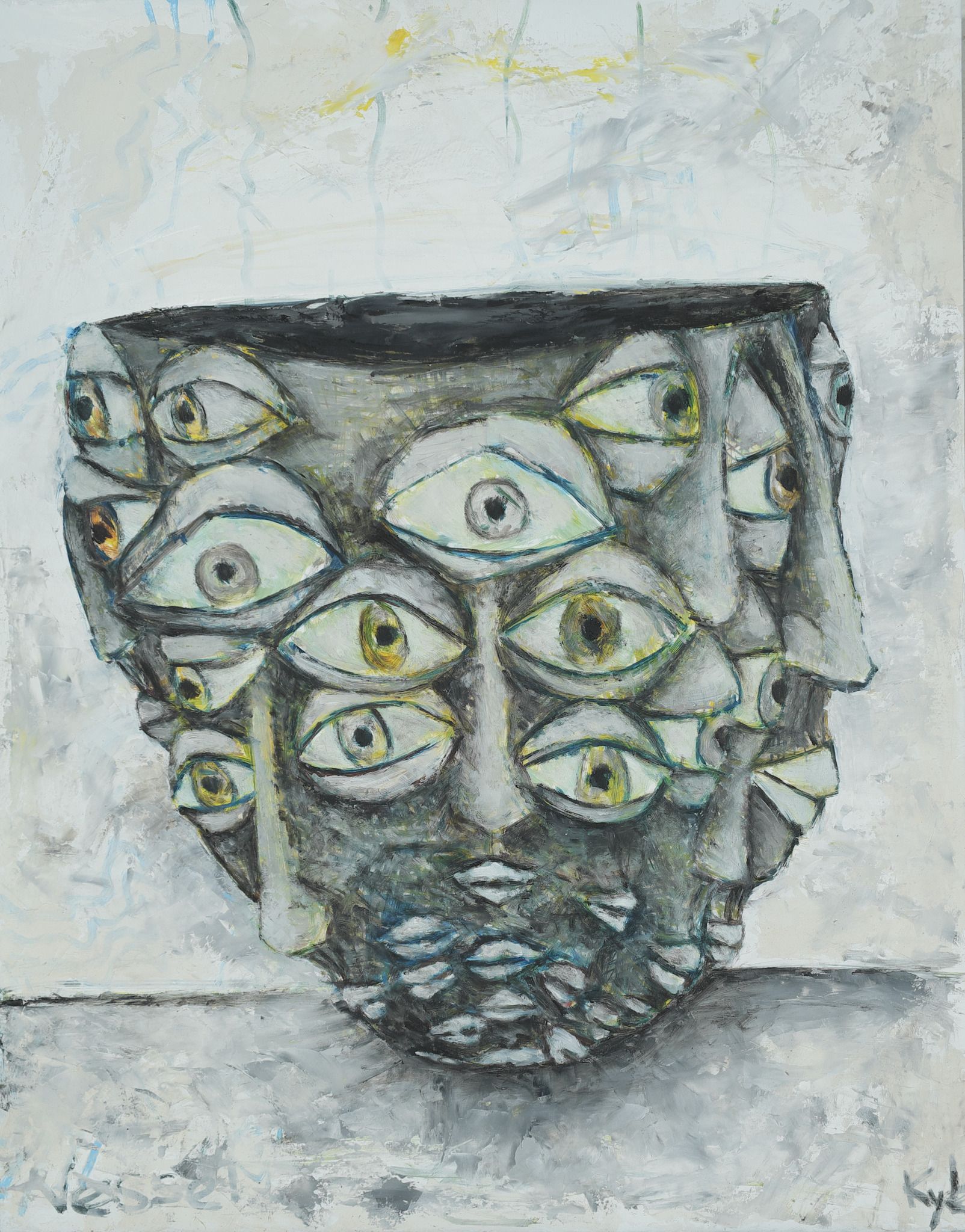 Oil painting of a gray ceramic vessel covered in overlapping eyes with yellow-green irises against a pale gray background.