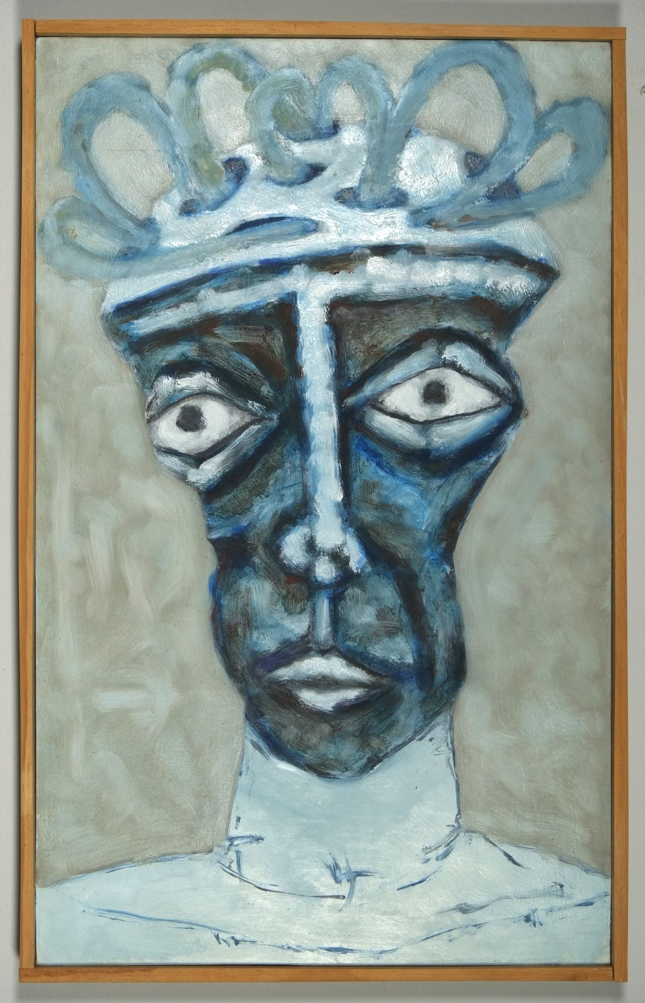 Oil painting of a stylized blue face with a geometric triangular patterned headdress on a long neck, rendered in muted blue-green tones against a pale background.