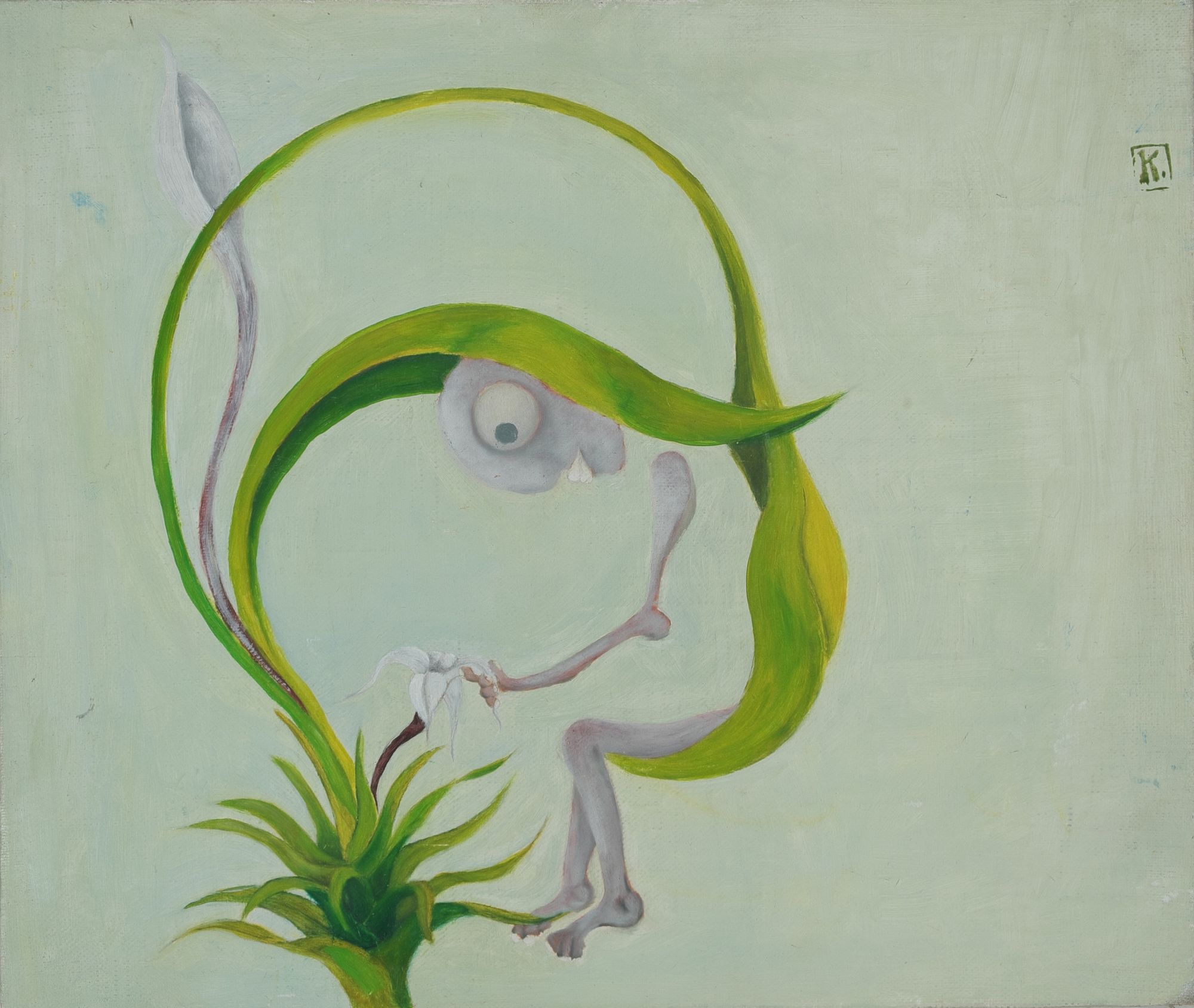 Oil painting of a surreal creature with a single eye curled inside a sweeping green yucca leaf, with a small white flower and green plant at the base against a pale green background.