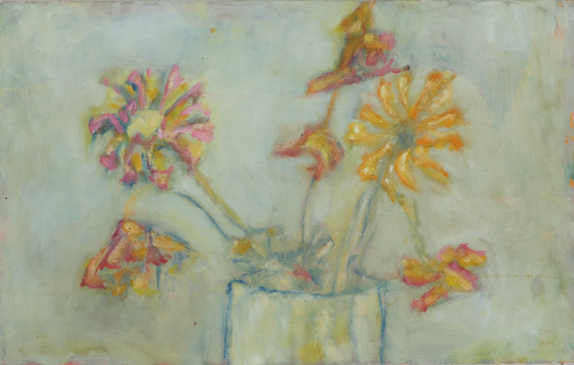 Oil painting of colorful zinnias in pink, yellow, and orange blooming loosely from a glass jar, rendered in soft pastel brushwork against a pale green background.