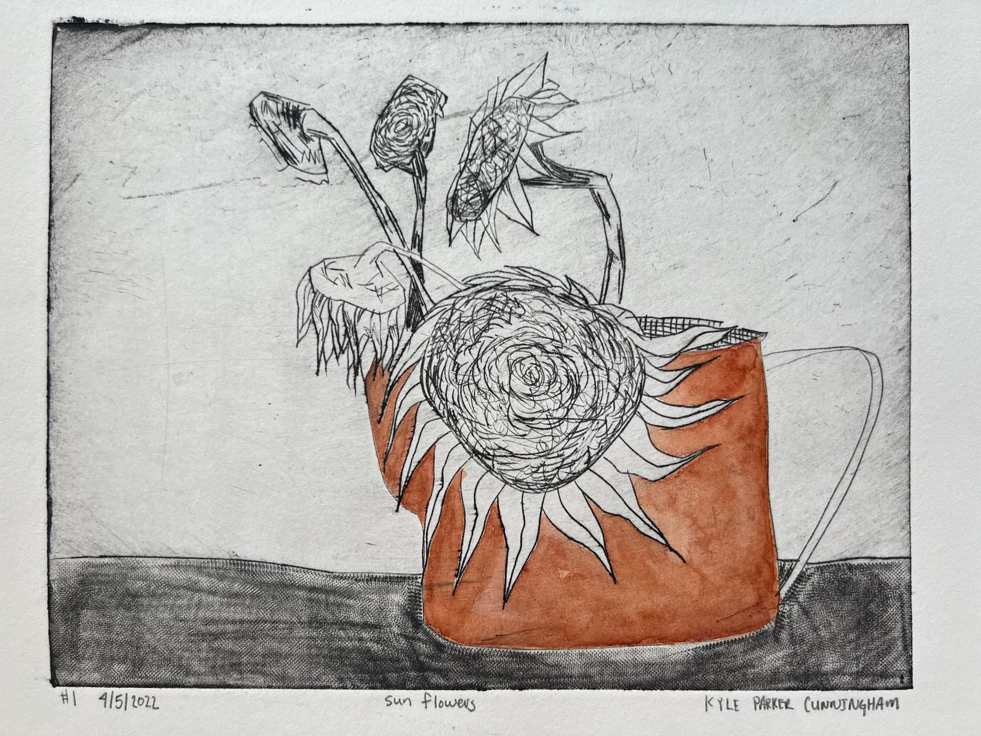 Intaglio drypoint print of five sunflowers in a watering can, with black line work hand-colored in burnt sienna orange, a large sunflower face dominating the center and smaller blooms rising above on a pale background.